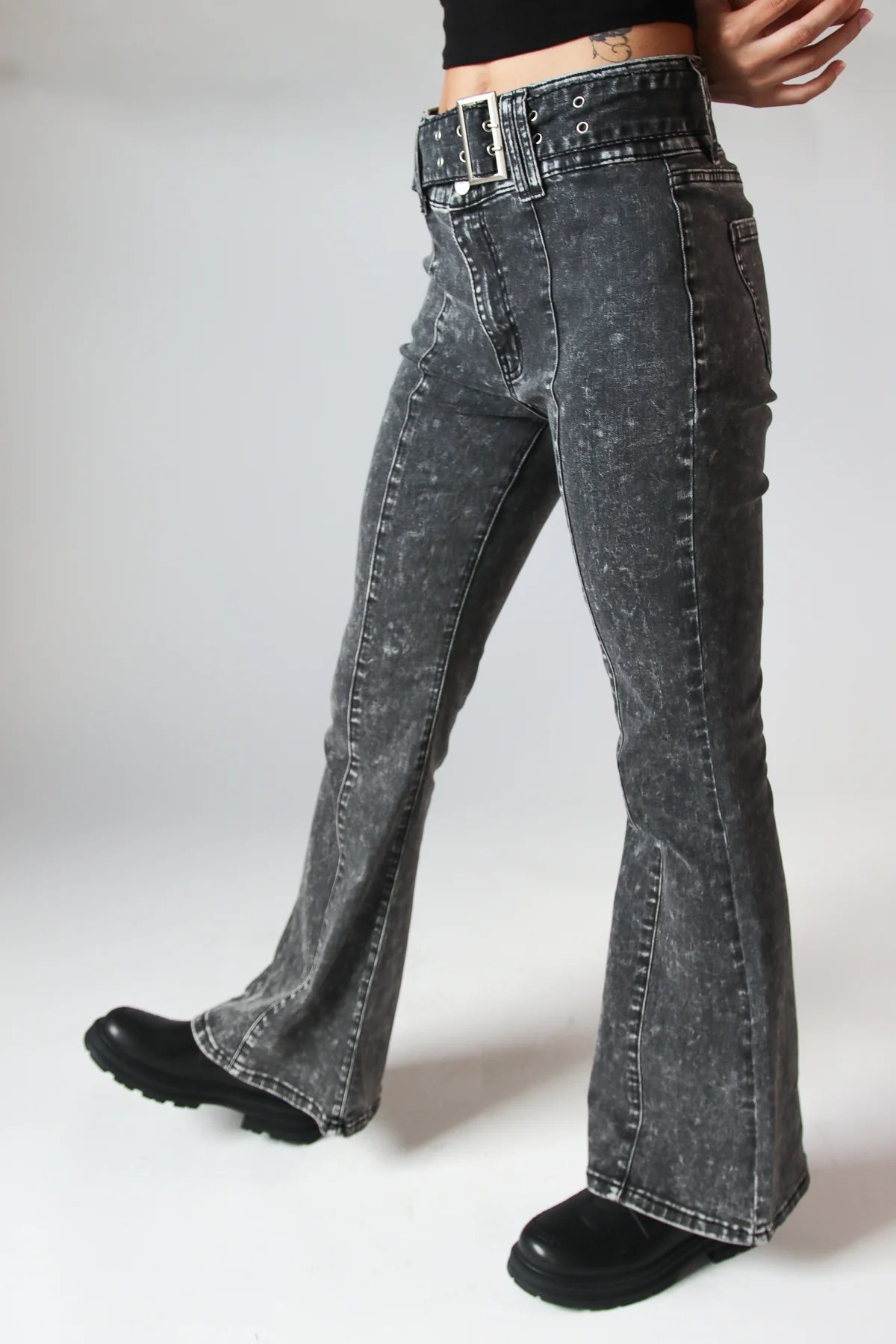 Belted Flare Grunge Wash Jeans - Image 14