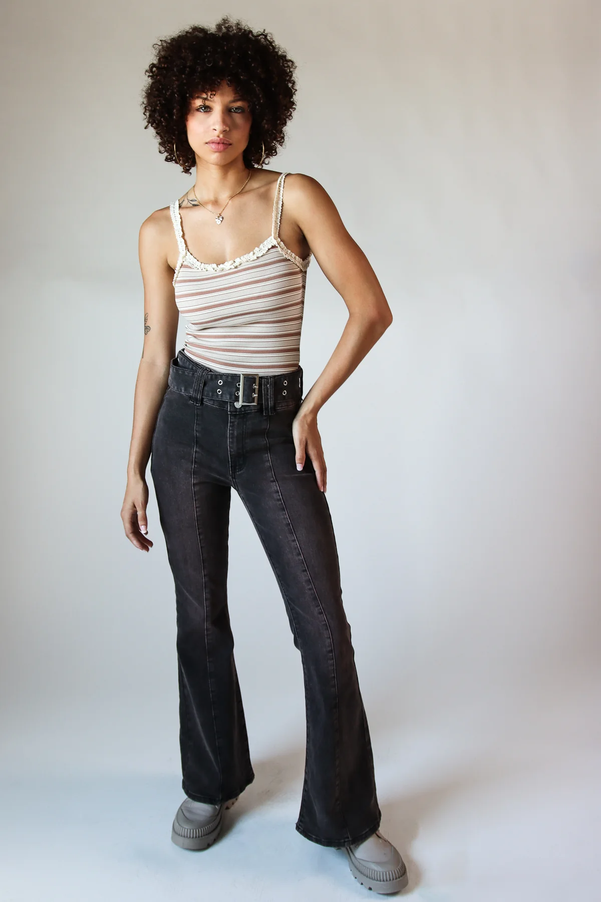 Belted Flare Grunge Wash Jeans - Image 3
