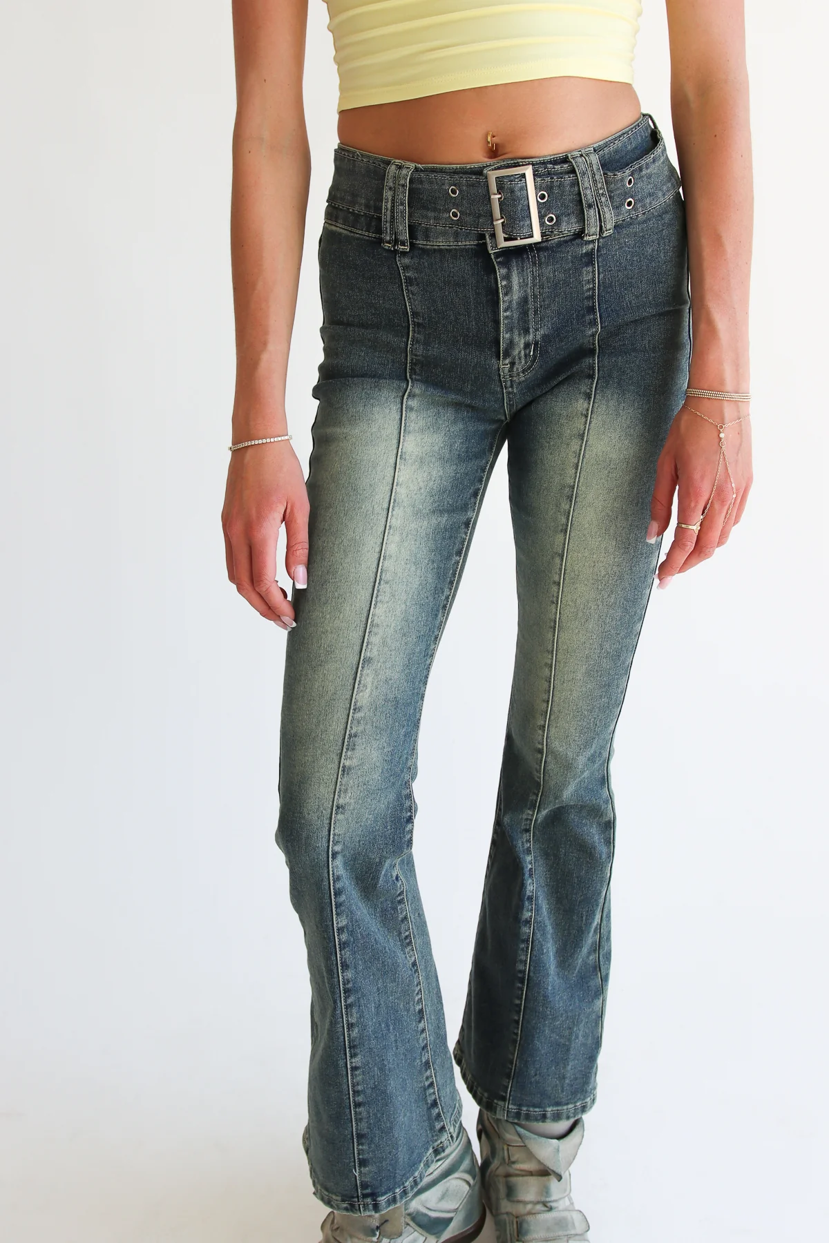 Belted Flare Grunge Wash Jeans - Image 4