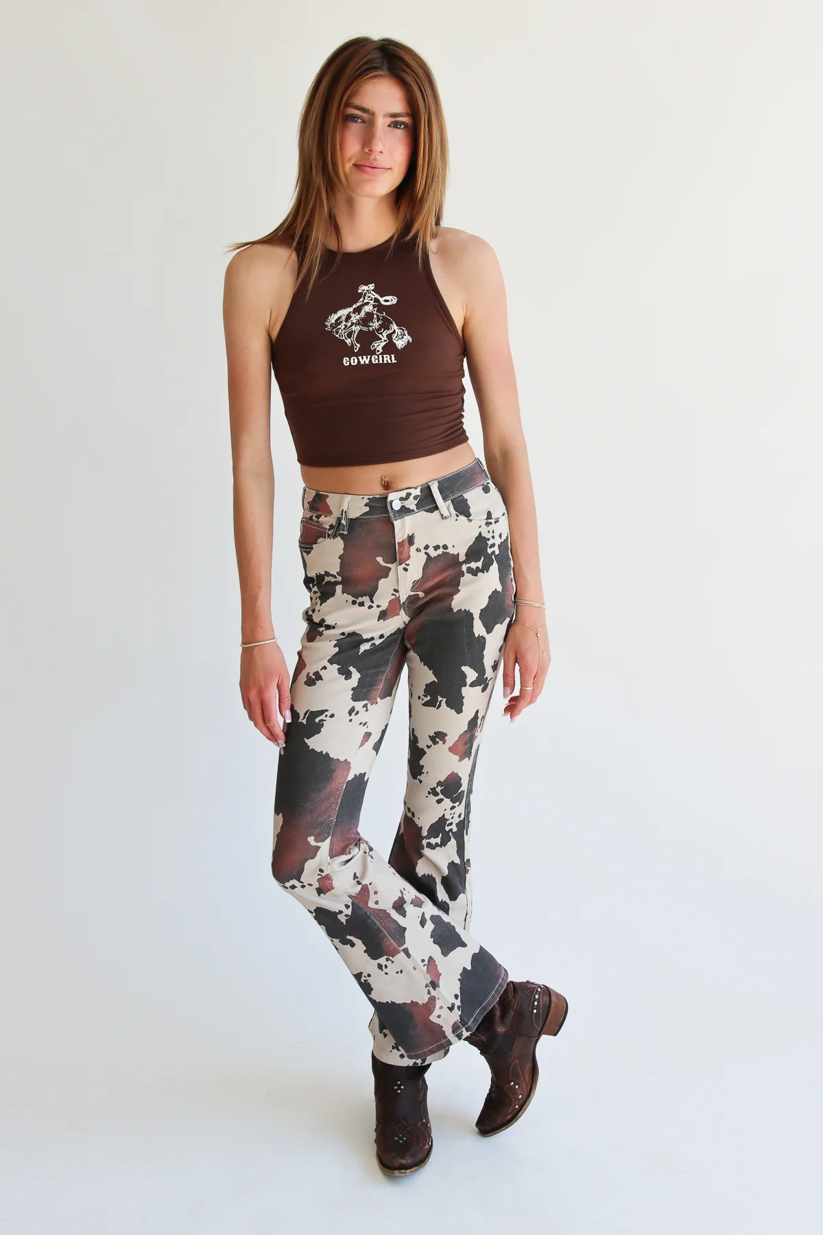 Brown Cow Print Flare Jeans - Image 3
