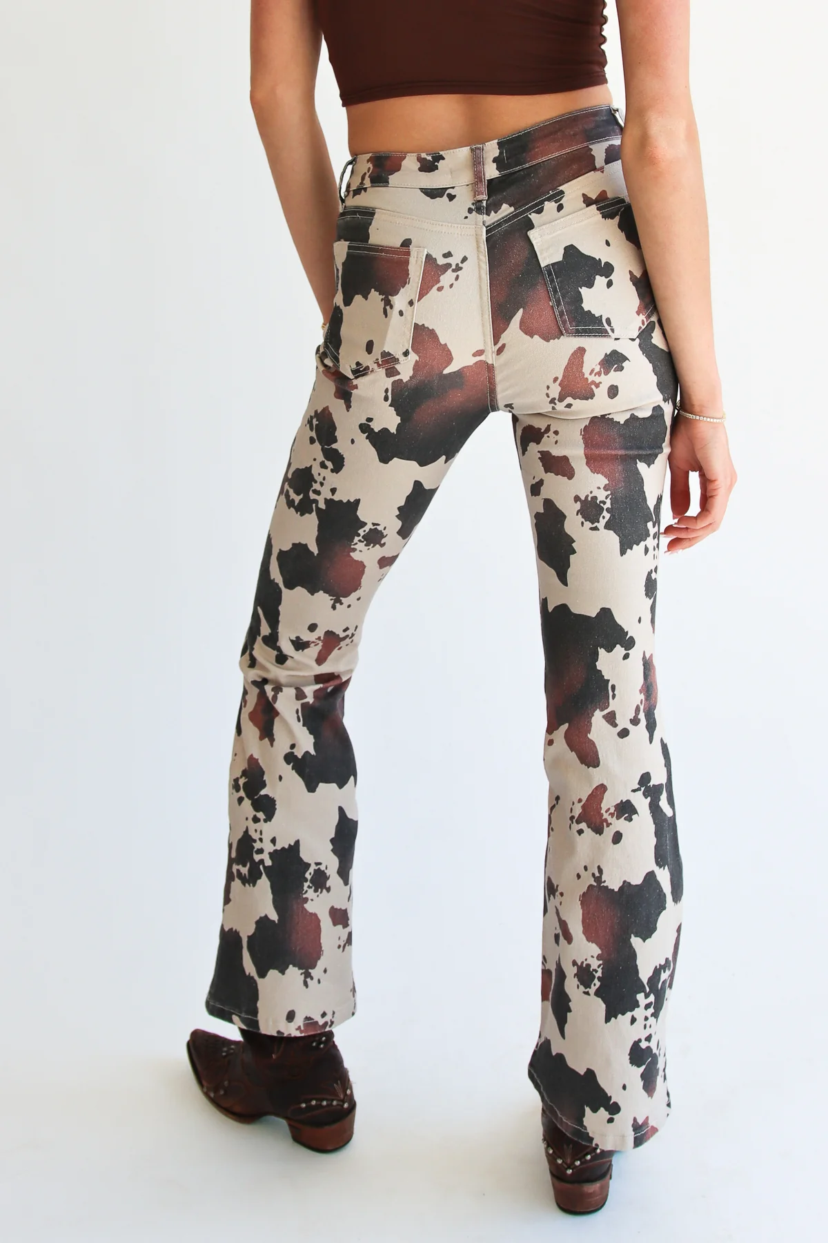 Brown Cow Print Flare Jeans - Image 6