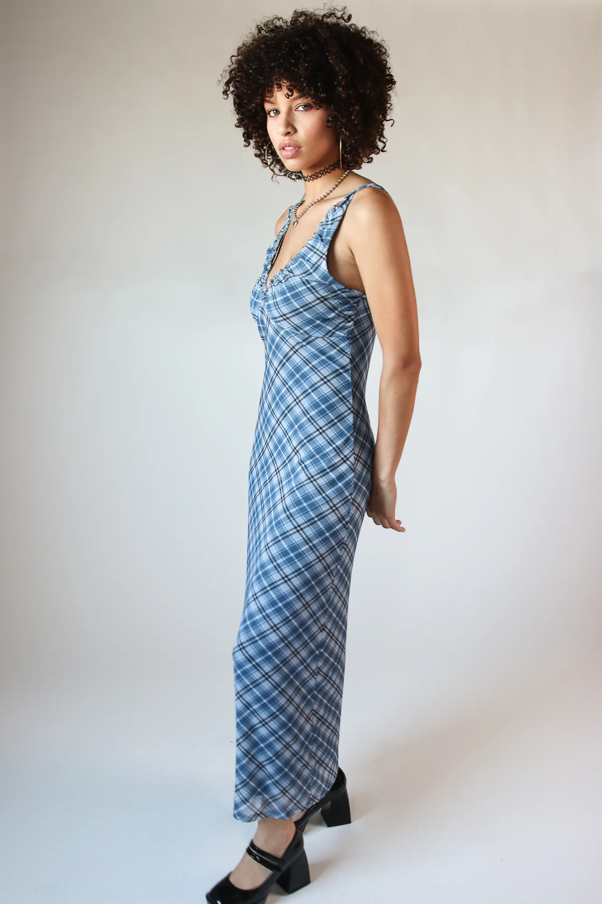 Mesh Plaid Cami Plunge Maxi Dress - Image 3