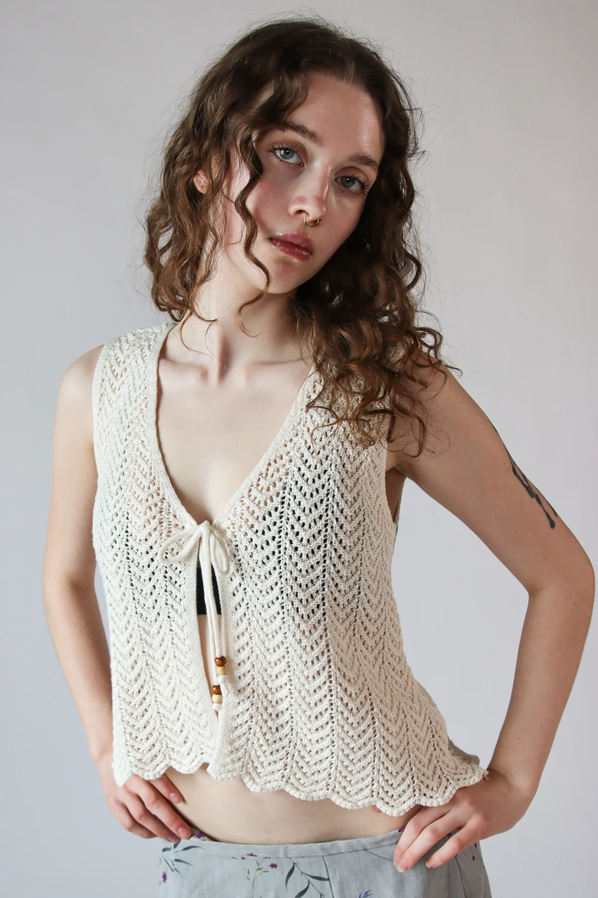 Pointelle Stitch Tie Front Vest Top - Image 3