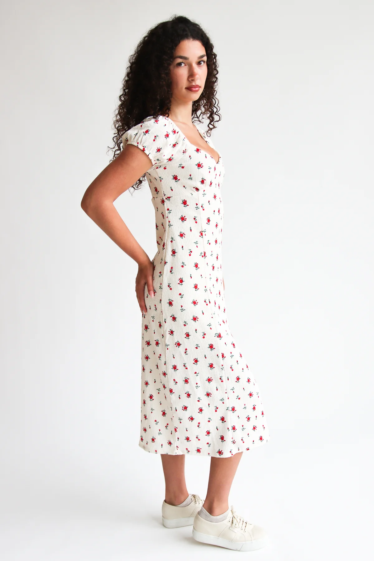 Rose Print Empire Waist Puff Sleeve Dress - Image 4